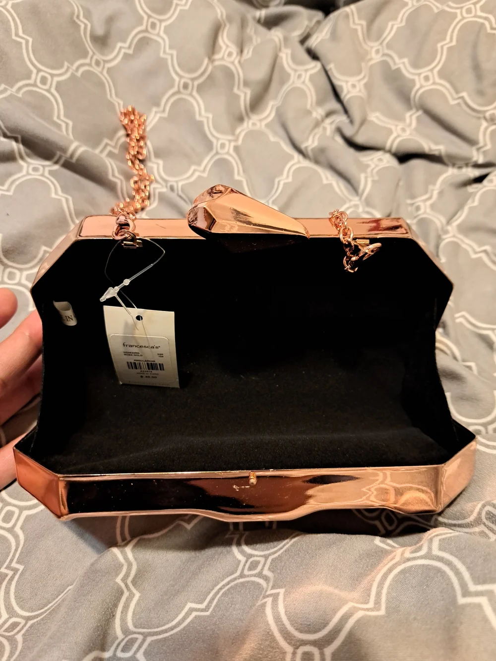 Metallic Geometric Hard-Case Clutch/Shoulder Bag in Rose Gold